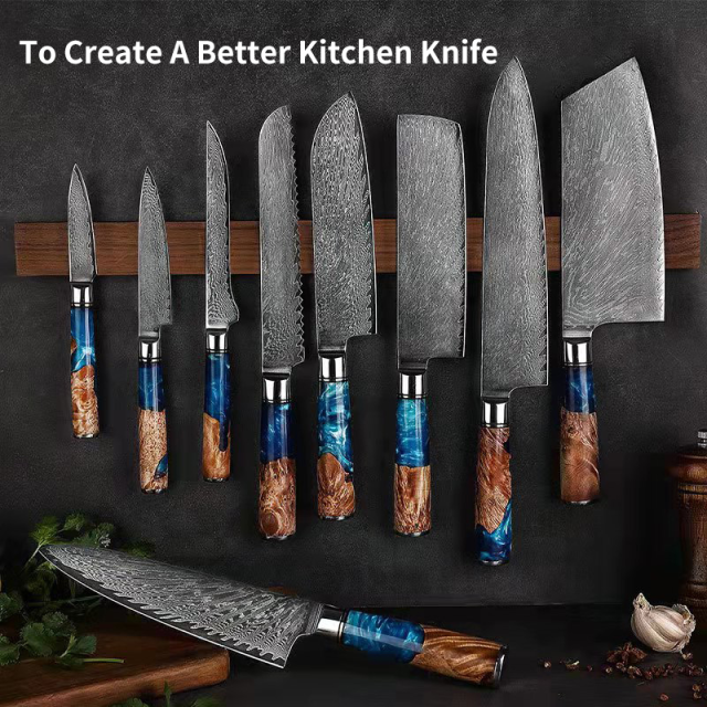 Hot sale 7.5 Inch Bread Knife with Blue Resin Handle Carbon Steel Kitchen knife Damascus Knife