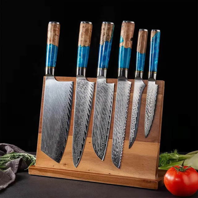 Hot sale 7.5 Inch Bread Knife with Blue Resin Handle Carbon Steel Kitchen knife Damascus Knife
