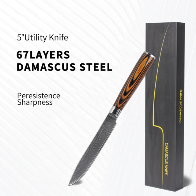 5 inch Hot Sale  67 Layers Damascus Kitchen Utility Knife With Pakka Wood Handle Damascus Steel Knife