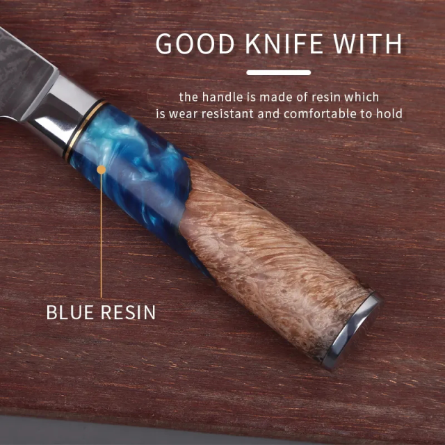 Hot sale 7 inch Santoku Knife with Blue Resin Handle Carbon Steel Kitchen knife Damascus Knife