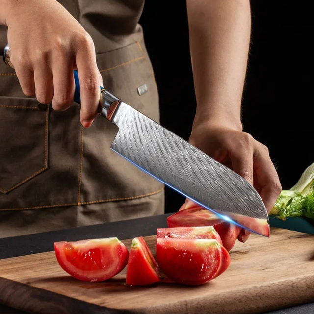 Hot sale 7 inch Santoku Knife with Blue Resin Handle Carbon Steel Kitchen knife Damascus Knife