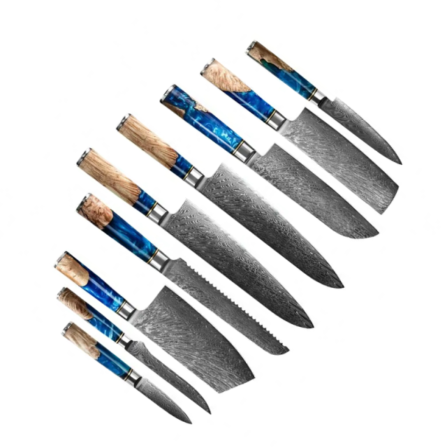 Hot sale Chef Knife sets with 9Pcs Blue Resin Handle High Carbon Steel Kitchen knife Damascus Knife set