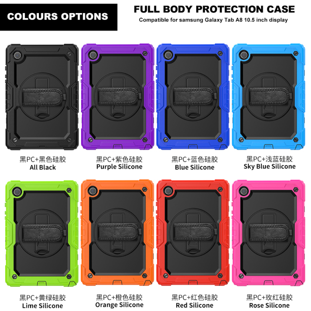 360 Rotation Hand Strap&Kickstand Silicone Tablet Case for Samsung Galaxy Tab A8 10.5 Case 2021 SM X200 X205 X207 Hard Cover kids and students love shockproof  protective case tablet shell