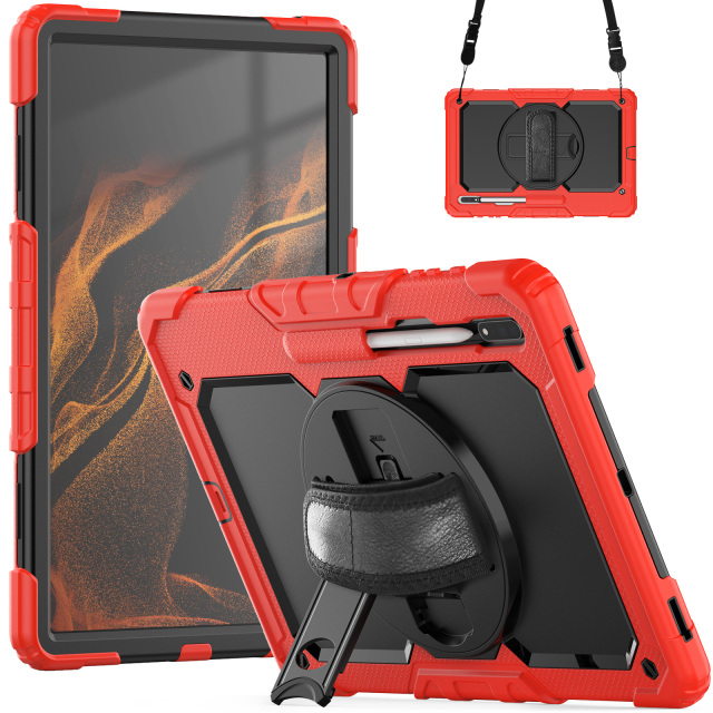 Heavy Duty Rugged Cover Tablet Case for Samsung Galaxy Tab S8 Ultra 14.6 Inch 2022 SM X900 X906 With Rotation Hand Strap  Silicone tablet protective case with pen slot tablet cover