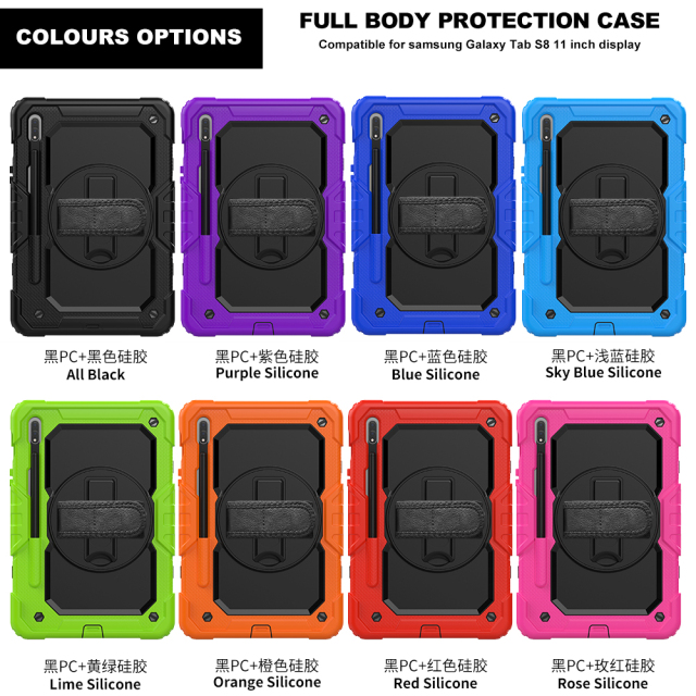 tablet case For Samsung Galaxy Tab S7 Galaxy Tab S8 11 inch Case  360 Rotation Hand Strap&Kickstand Silicone Tablet Case T870 T875/ X700/X706 Protective cover Heavy Duty Rugged shockproof tablet cover
