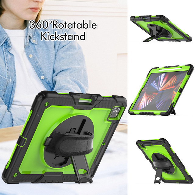 For ipad pro 12.9 2022 2021 2020 2018 hand strap case with built-in kickstand & screen protectors tablet case for iPad case  Three layers of protective shell tablet shell with pen slot
