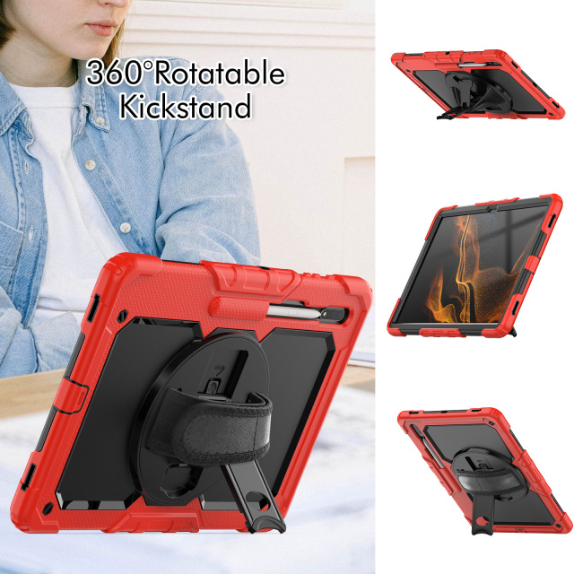 Heavy Duty Rugged Cover Tablet Case for Samsung Galaxy Tab S8 Ultra 14.6 Inch 2022 SM X900 X906 With Rotation Hand Strap  Silicone tablet protective case with pen slot tablet cover