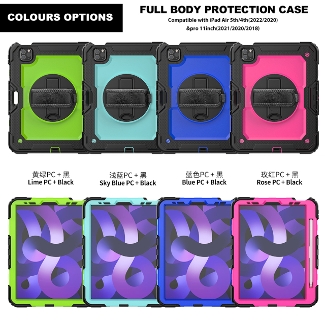 360 Rotation Hand Strap Kickstand Tablet Case For Ipad Pro 11 air4/air5  Silicone Protective Universal tablet Cover  ipad case manufacturer Shockproof Dustproof Dropproof case