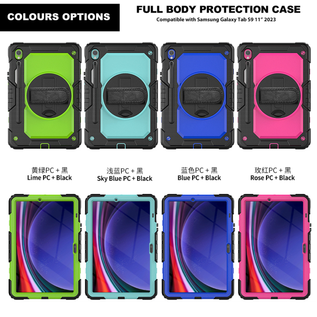 Heavy Duty Rugged Cover Tablet Case for Samsung Galaxy TAB S9 11 inch [SM-X710/X716B/X718U] With Rotation Hand Strap 360 degree rotating stand shockproof protective tablet cover