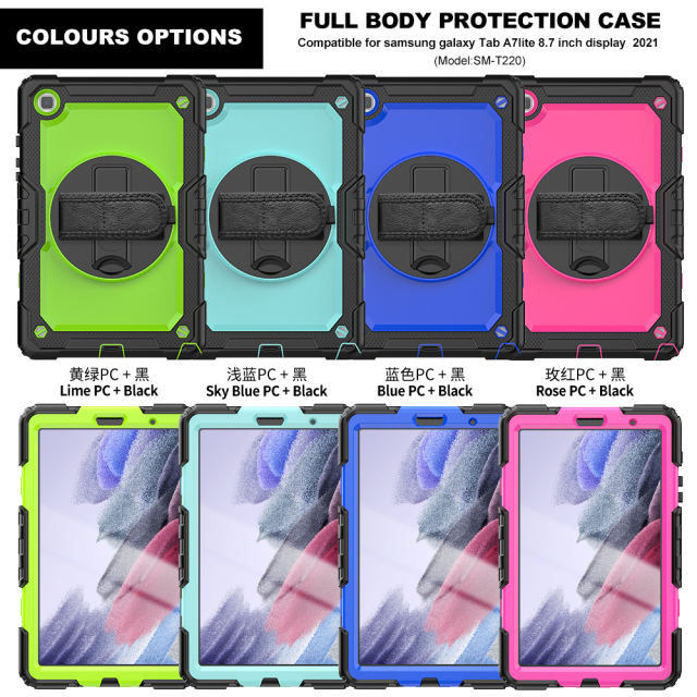 360 Rotation Hand Strap&Kickstand Silicone Tablet Case for Samsung Galaxy Tab A7 Lite Case 2021 T220 T225 Protective Cover Support OEM, wholesale and retail tablet cover Three-layer protective shell