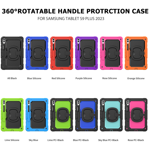 2023 Newest Samsung Galaxy Tab S9 Plus 12.4inch Shockproof Case Heavy Duty Rugged Samsung Tab Cover With Rotating Hand Grip Full Body Protective With Built-in Screen Protector Samsung Tab Case Factory