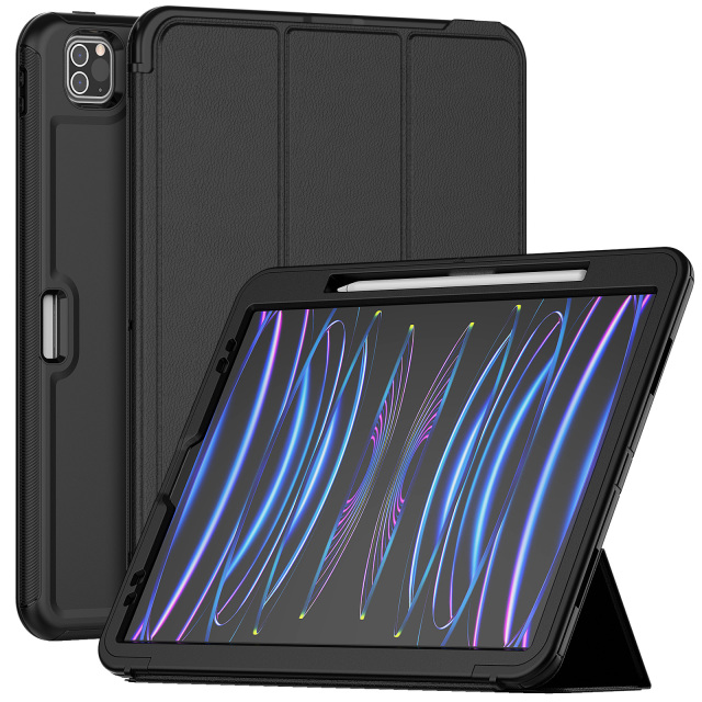 For Ipad Pro 12.9 2020/2021/2022 Case Leather Smart Cover Tri-fold Design Ipad Case Full Body Shockproof Protective With Auto Awake&Sleep Feature And Pen Slot For Charging