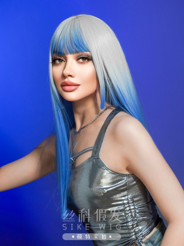JFNCZ16. Женский парик. Длинные прямые валосы. Синий градиентный цвет. С057.