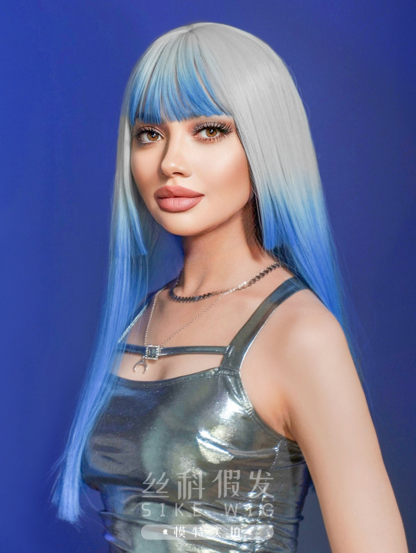 JFNCZ16. Женский парик. Длинные прямые валосы. Синий градиентный цвет. С057.