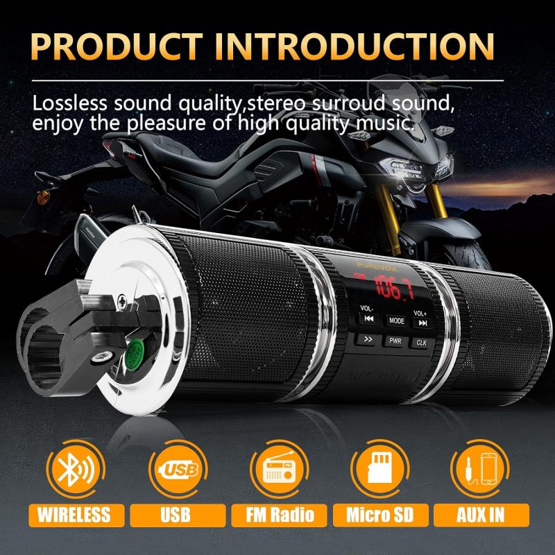 purevox Waterproof Bluetooth Motorcycle ATV Stereo Speakers Soundbar 7/8-1.25 in. Handlebar Mount MP3 Music Player Audio Amplifier System, AUX-in, USB, microSD, FM Radio (Black)