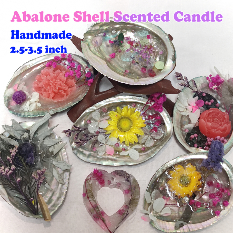 Abalone Shell Scented Candle with Flowers / Healing Crystals / Seashell Artisan Candle Soy Wax + Beeswax Hand-Poured Size Length 2.5-3.5inch