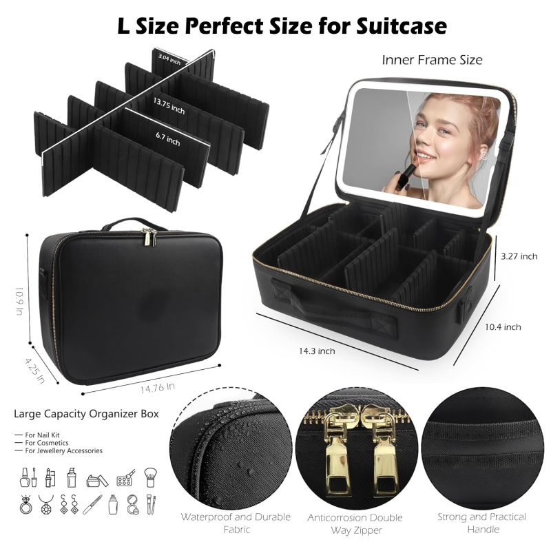 Makeup Bag with Mirror and Light Travel Makeup Train Case Cosmetic Organizer Portable Artist Storage Bag with Adjustable Dividers Makeup Brushes Storage Organizer
