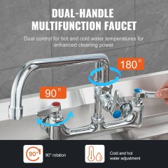 VEVOR Commercial Faucet with Pre-Rinse Sprayer, 25" Height, 8" Center, 12" Swing Spout, Wall Mount Kitchen Sink Faucet, Brass Constructed Device with Pull Down Spray, for 1/2/3 Compartment Sink