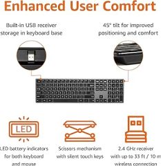 Amazon Basics Ultra Premium Wireless Keyboard and Mouse Combo, Rechargeable, Full-Size with Number Pad, Sleek Design, Plug and Play, Quiet Typing, 2.4GHz USB Receiver, Black