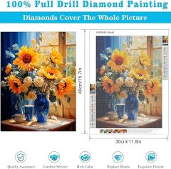 Diamond Art Painting Kits for Adults, Flower 5D Diamond Paint Dots Art Kit for Adult Beginner, Sunflowers DIY Round Gem Crystal Art Paintings by Diamond, Home Wall Decor Crafts 12x 16 inch