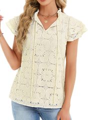 Funlingo Womens Summer Eyelet Tops Dressy Casual Ruffle Cap Sleeve Blouses Hollow Out Crochet Lace Embroidered Shirts