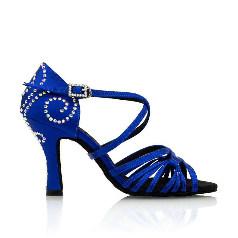 【Tatiana】Blue Satin Cross Strap 8.5cm Flare Heel Sandals