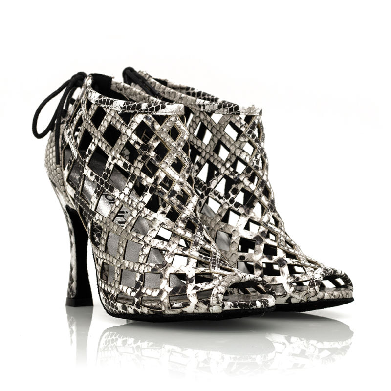 【Fever Pitch】Snake Skin Outs Lace Up 10cm Flare Heel Boots