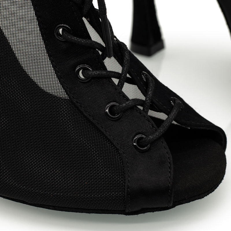 【Havana Calling】Black Satin Lace Up Mesh 8.5cm Boots