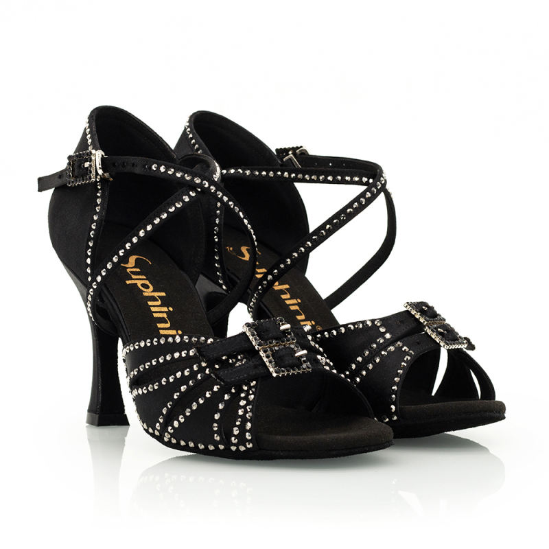 【Serra】Black/Bronze Satin Adjustable 8.5cm Heel Salsa Latin Dance Sandals