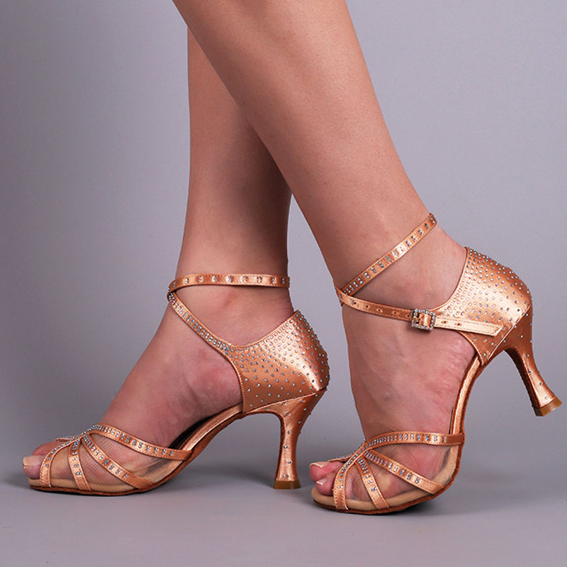 【I Do】Small Open Toe Champagne Pink Satin Mesh With Crystal Dance Shoes