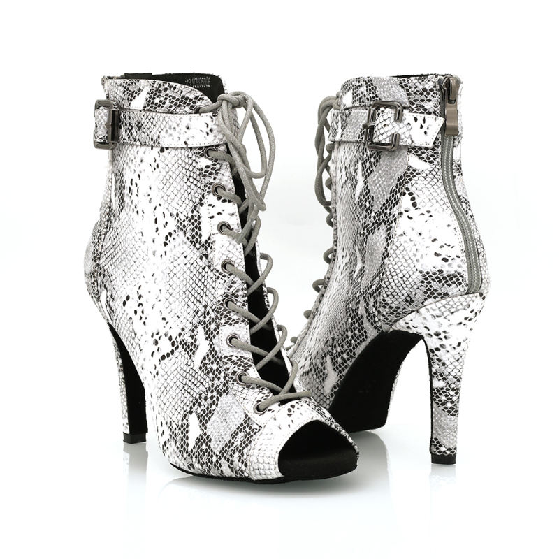 【Icy Viper】Gray Snake Skin Ankle Bukle Small Open Toe 9.5cm Heels Dance Ankle Boots