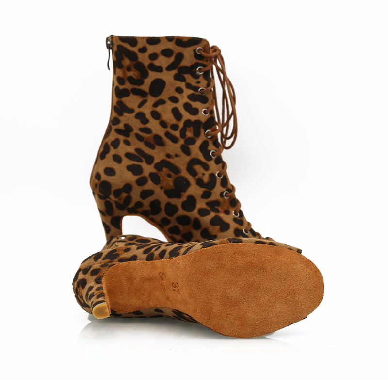 【Cheetah Charm】ZIP Lace Up Brown Leopard Small Open Toe 9.5cm Heels Dance Over Ankle Boots