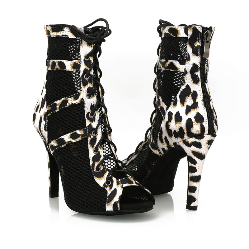 【Jaguar Grace】ZIP Lace Up Leopard Satin With Mesh 9.5cm Heels Dance Ankle Boots