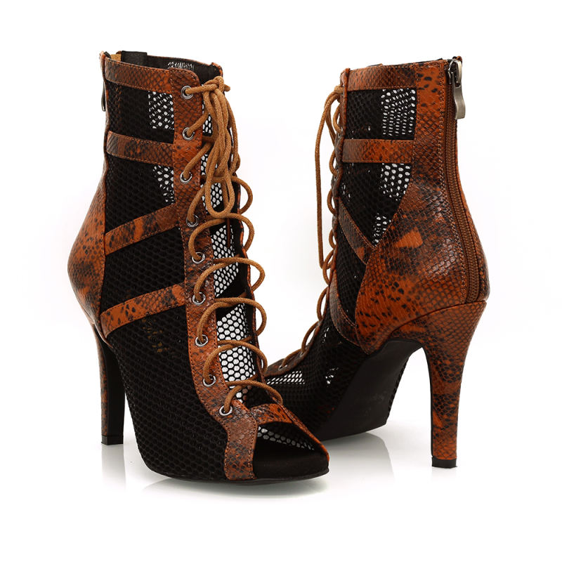 【Viper Verve】ZIP Lace Up Brown Snake Skin With Mesh 9.5cm Heels Dance Ankle Boots