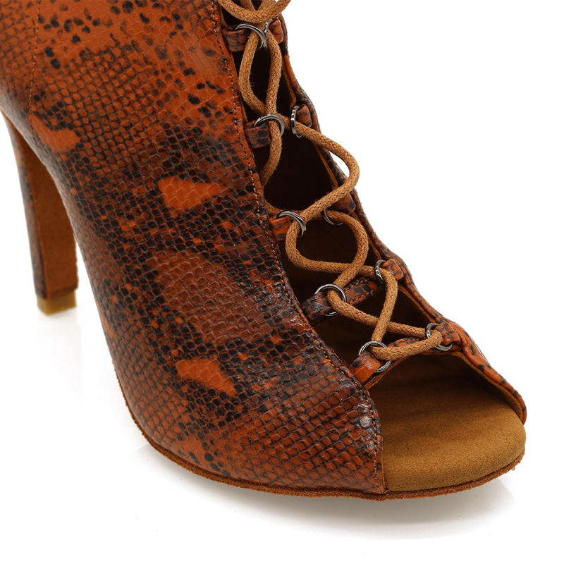 【Under my skin】ZIP Lace Up Brown Snake Skin 9.5cm Heels Dance Ankle Boots