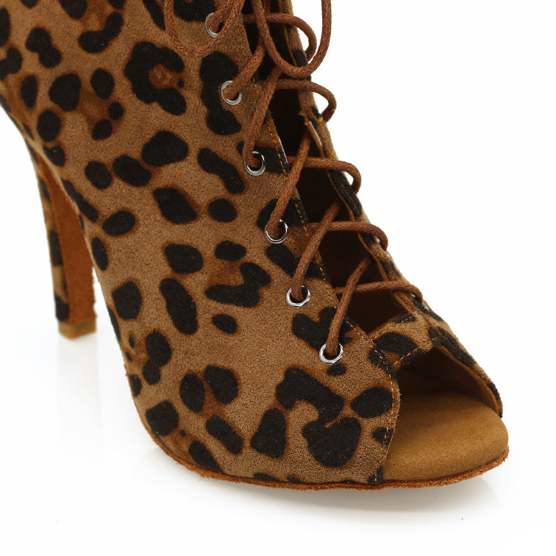 【Cheetah Charm】ZIP Lace Up Brown Leopard Small Open Toe 9.5cm Heels Dance Over Ankle Boots