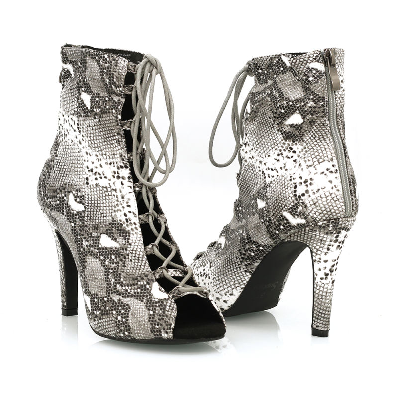 【Polar】ZIP Lace Up Gray Snake Skin 9.5cm Heels Dance Ankle Boots