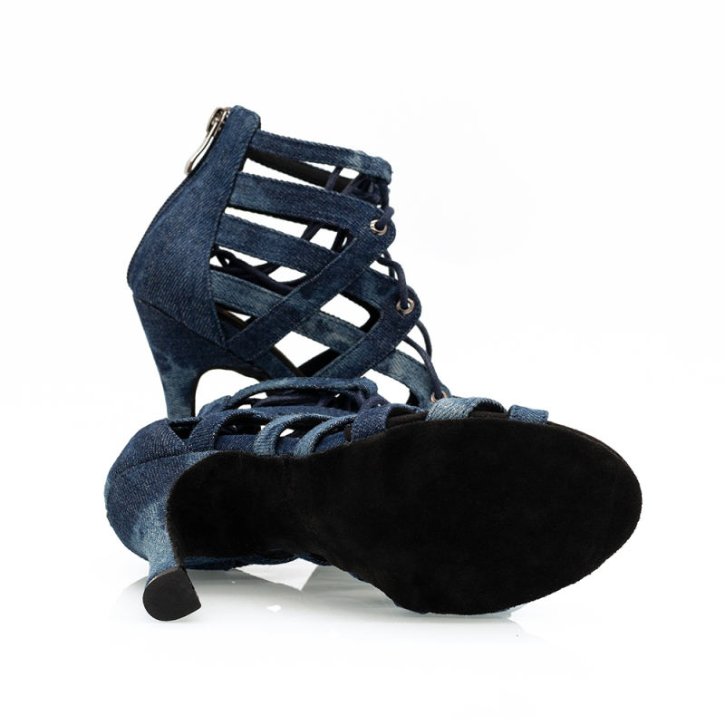 【Rodeo】Denim Jeans Lace Up 10cm Flare Heel Dance Boots