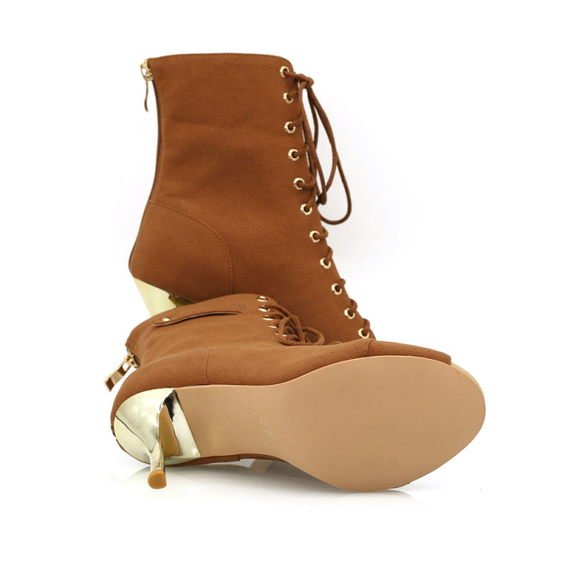 【Sands of Arrakis】Brown Microfiber Small Open Toe 8.5cm Slim Heel Dance Boots