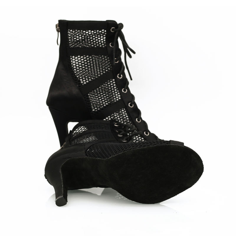 【Ace】Classic Black Satin With Mesh 9.5cm Slim Heel Dance Boots