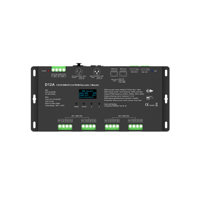 12-24VDC 5A*12CH D12A DMX512 Decoder (OLED screen)