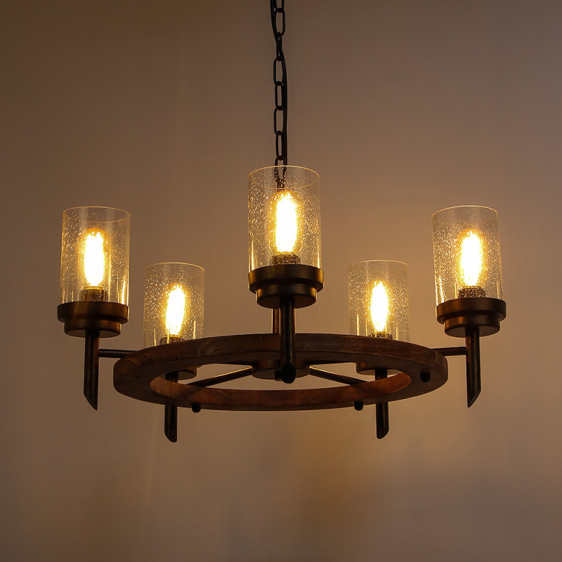 Round Farmhouse Wood Dining Table Chandelier with Seeded Shades, Industrial Vintage Edison Pendant Lamp Rustic Hanging 5 Lights, 17803