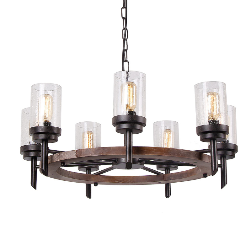 Round Farmhouse Wood Dining Table Chandelier with Seeded Shades, Industrial Vintage Edison Pendant Lamp Rustic Hanging 7 Lights, 17807