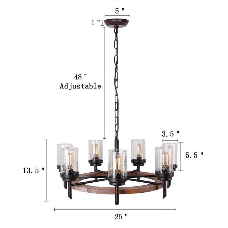 Round Farmhouse Wood Dining Table Chandelier with Seeded Shades, Industrial Vintage Edison Pendant Lamp Rustic Hanging 7 Lights, 17807