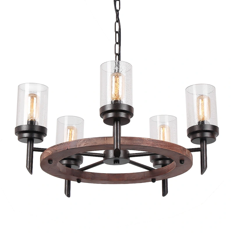 Round Farmhouse Wood Dining Table Chandelier with Seeded Shades, Industrial Vintage Edison Pendant Lamp Rustic Hanging 5 Lights, 17803