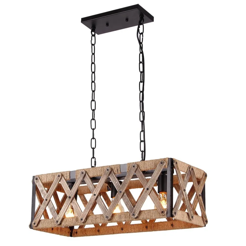 Anmytek Square Metal Wood Chandelier Basket Pendant Three Lights Oil Black Finishing Rope Net Lamp Shade Retro Industrial Rustic Ceiling Caged Light