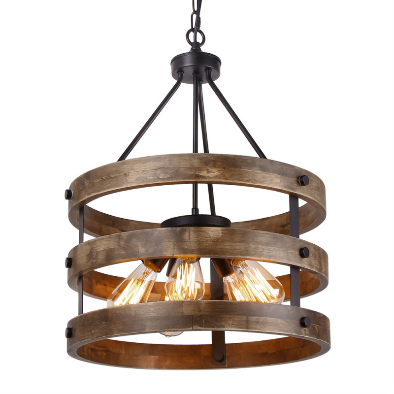 Anmytek C0014 Metal and Circular Wood Chandelier Pendant Five Lights Oil Black Finishing Retro Vintage Industrial Rustic Ceiling Lamp Light