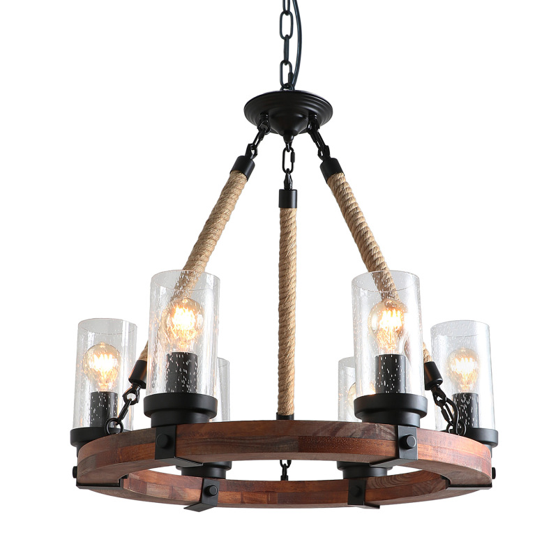 Anmytek C0008 Round Wooden Chandelier with Seeded Glass Shade Rope and Metal Pendant Six Decorative Lighting Fixture Retro Rustic Antique Ceiling Lamp