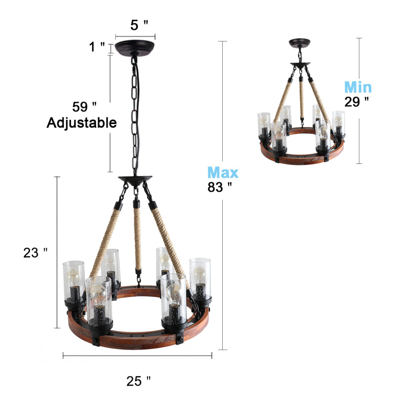 Anmytek C0008 Round Wooden Chandelier with Seeded Glass Shade Rope and Metal Pendant Six Decorative Lighting Fixture Retro Rustic Antique Ceiling Lamp