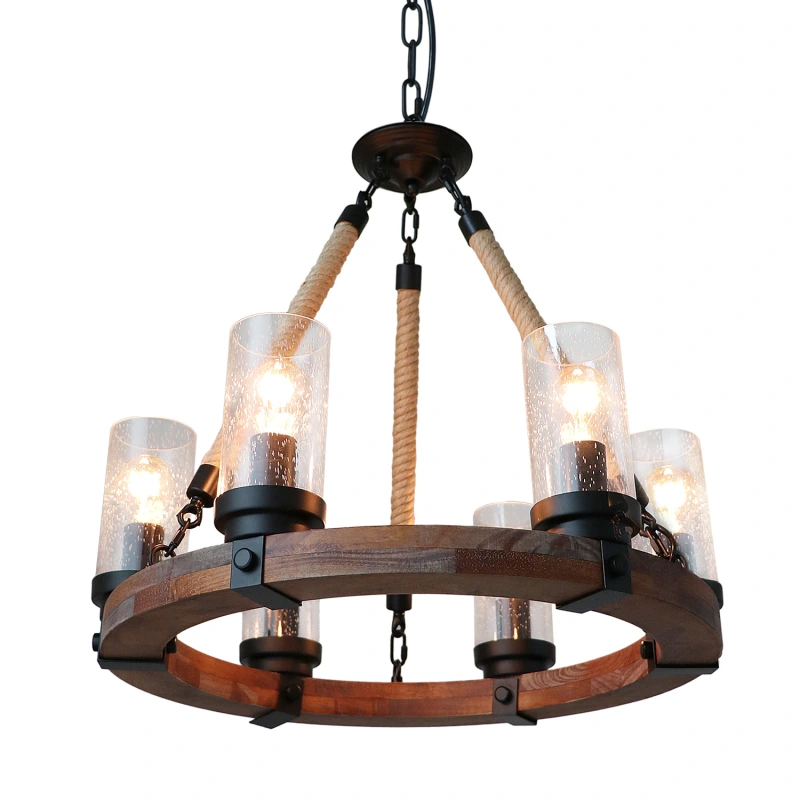 Anmytek C0008 Round Wooden Chandelier with Seeded Glass Shade Rope and Metal Pendant Six Decorative Lighting Fixture Retro Rustic Antique Ceiling Lamp